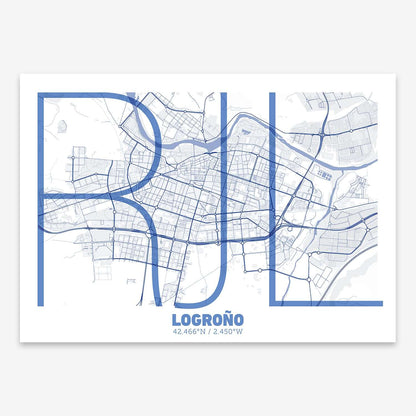 The map of Logrono composed with letters in extra light font printed on navy blue and white