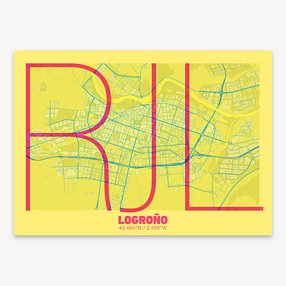 Poster of Logroño composed with letters in extra light font printed on yellow and fuchsia