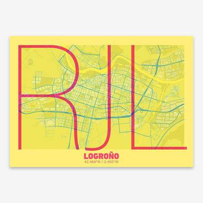 The map of Logrono composed with letters in extra light font printed on yellow and fuchsia