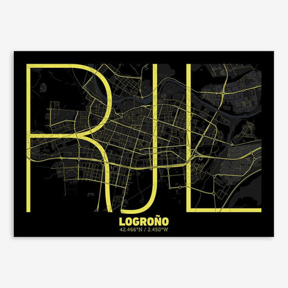 The map of Logrono composed with letters in extra light font printed on black and yellow