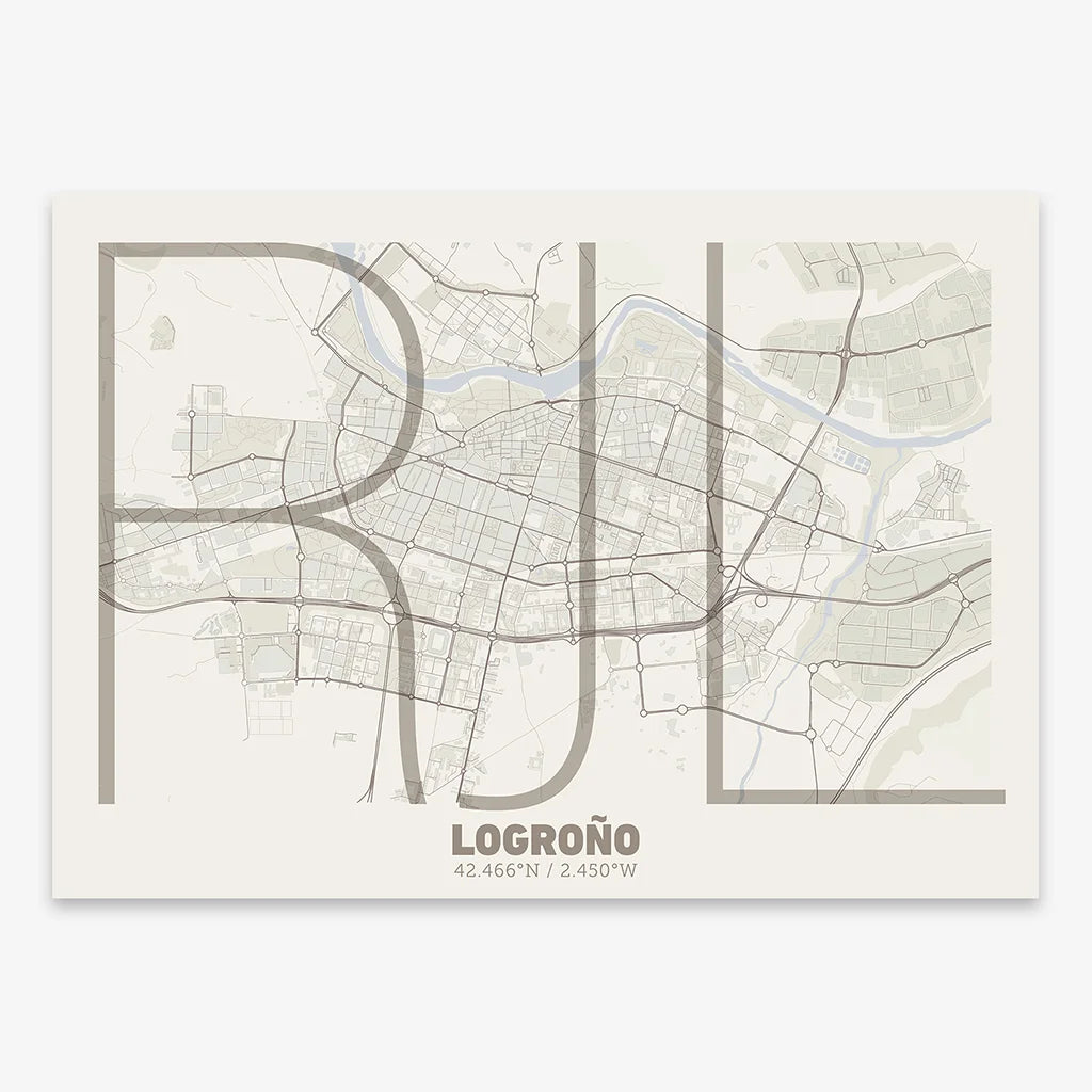 Poster of Logroño composed with letters in extra light font printed on light brown and an off-white background