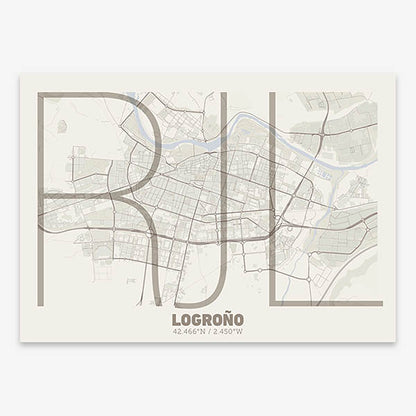 Poster of Logroño composed with letters in extra light font printed on light brown and an off-white background