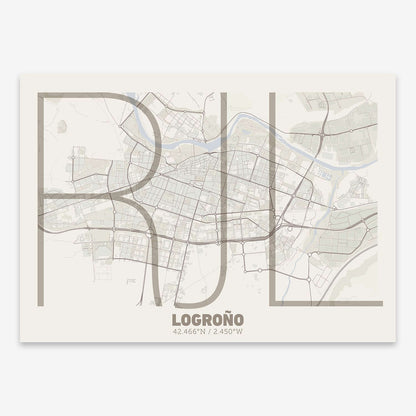 The map of Logrono composed with letters in extra light font printed on light brown and an off-white background