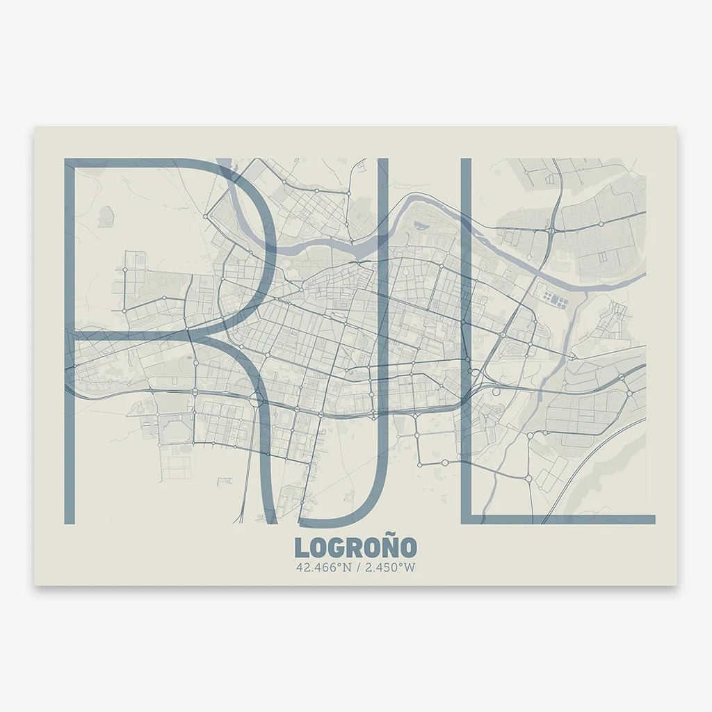 Poster of Logroño composed with letters in extra light font printed on bluish gray and an off-white background