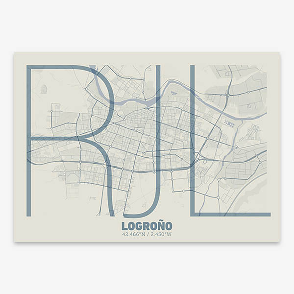 Poster of Logroño composed with letters in extra light font printed on bluish gray and an off-white background