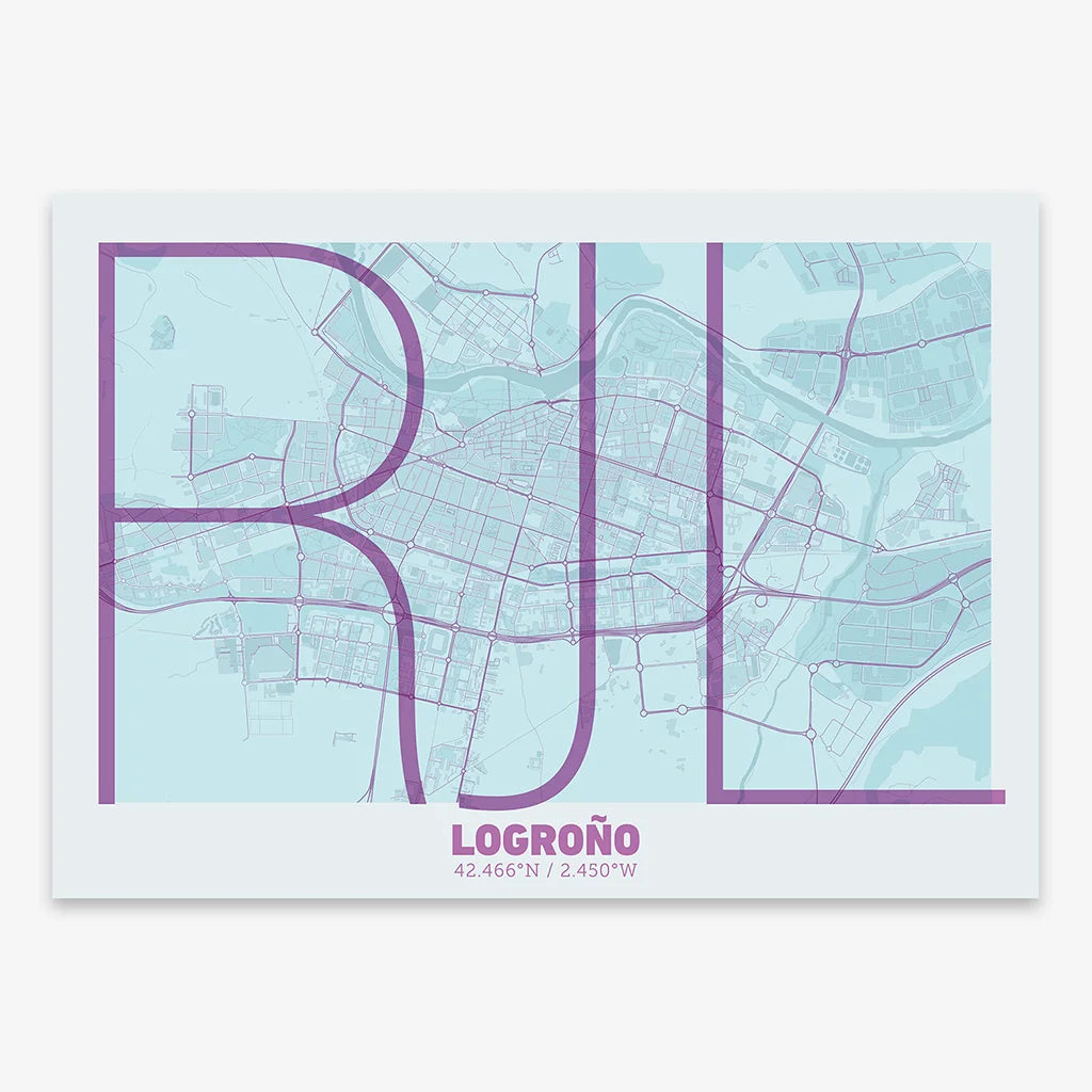 Poster of Logroño composed with letters in extra light font printed on purple and light blue
