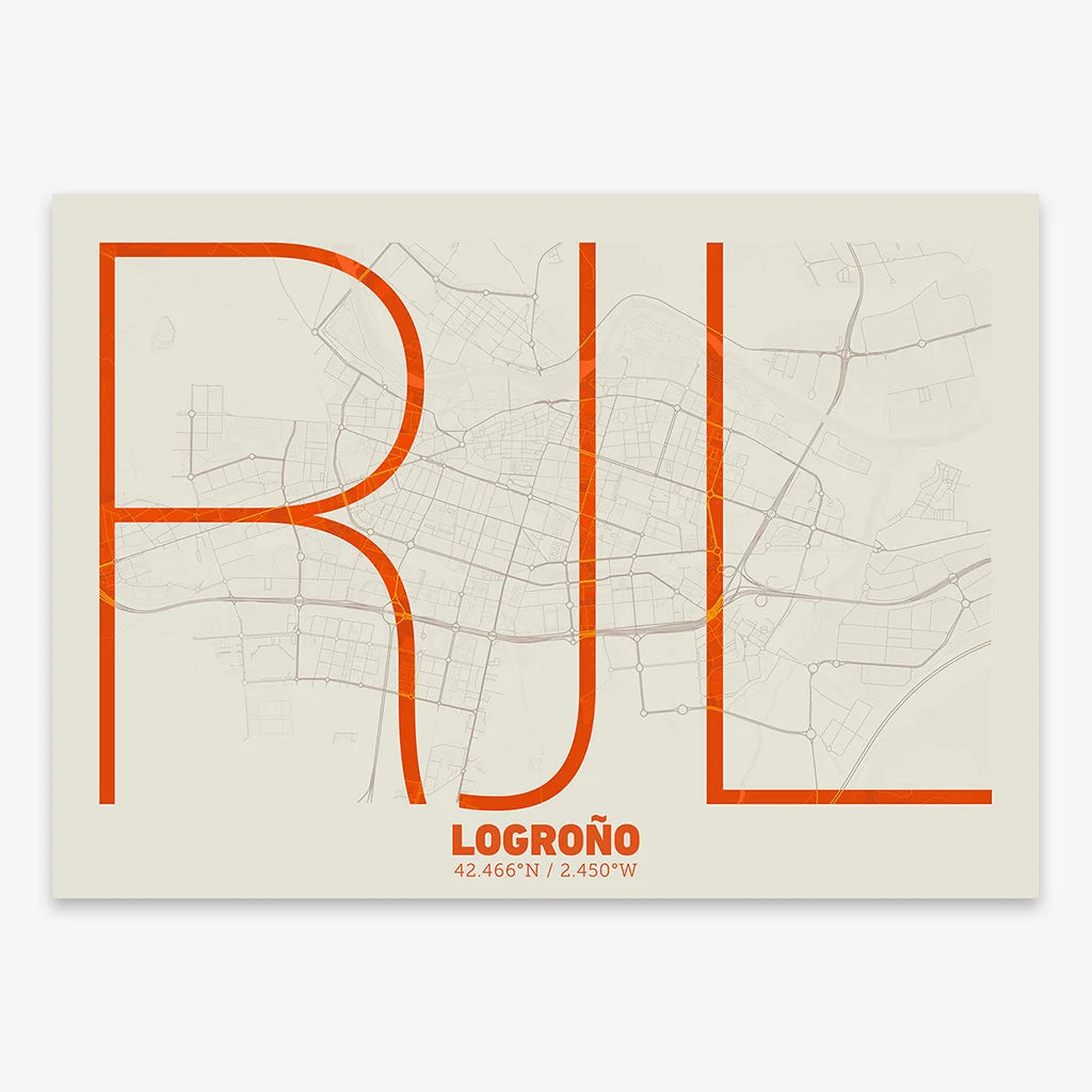 Poster of Logroño composed with letters in extra light font printed on orange and an off-white background