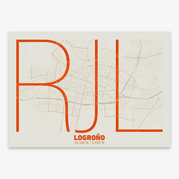 Poster of Logroño composed with letters in extra light font printed on orange and an off-white background