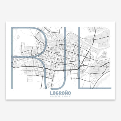 The map of Logrono composed with letters in extra light font printed on black and white