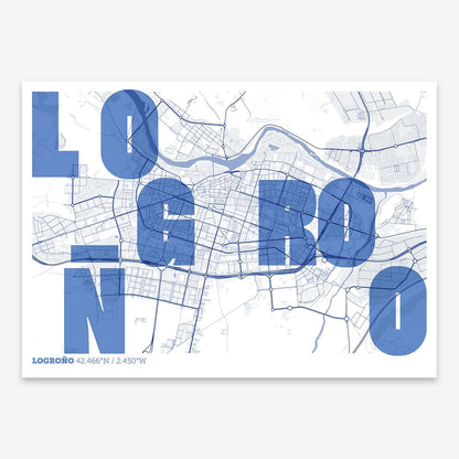 The map of Logrono with letters of its name placed randomly, designed in navy blue and white