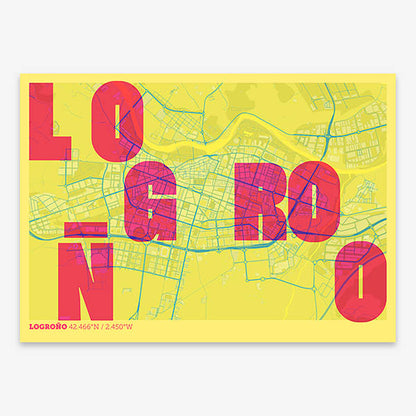 Decorative print of Logroño with letters of its name placed randomly, designed in yellow and fuchsia