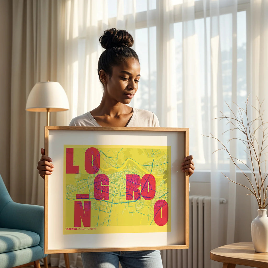 Modern interior design with a Logroño in Unruled design, where the city name letters appear randomly across different lines for a truly original urban layout designed in yellow and fuchsia, displayed on a living room wall
