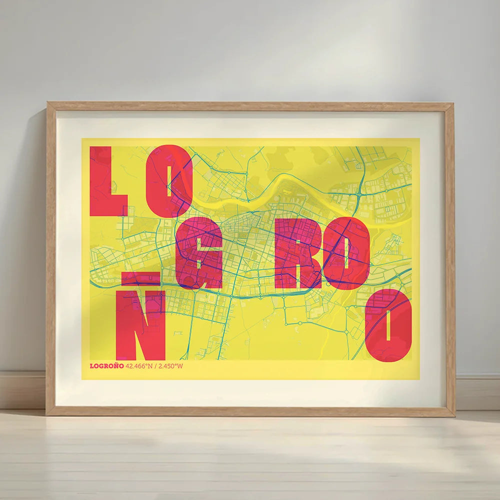 Framed Logroño in Unruled design, where the city name letters appear randomly across different lines for a truly original urban layout designed in yellow and fuchsia with a white margin border in a warm lit minimalist setting
