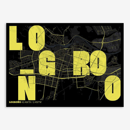 The map of Logrono with letters of its name placed randomly, designed in black and yellow