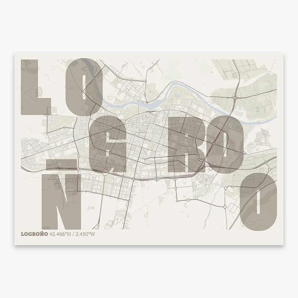 Decorative print of Logroño with letters of its name placed randomly, designed in light brown and an off-white background