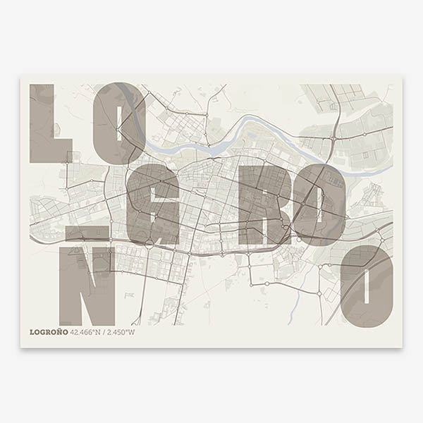 Decorative print of Logroño with letters of its name placed randomly, designed in light brown and an off-white background