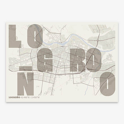 Decorative print of Logroño with letters of its name placed randomly, designed in light brown and an off-white background
