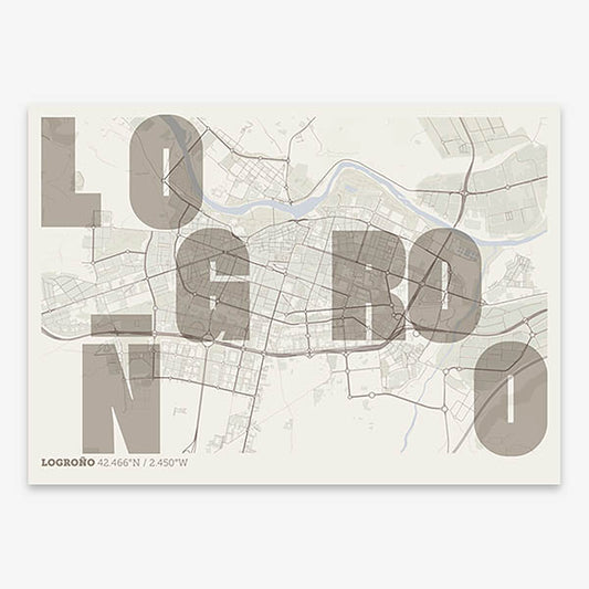 Decorative print of Logroño with letters of its name placed randomly, designed in light brown and an off-white background