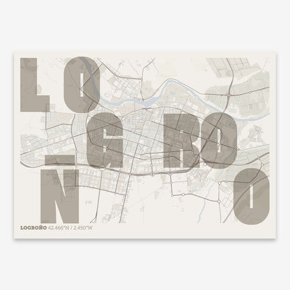 The map of Logrono with letters of its name placed randomly, designed in light brown and an off-white background