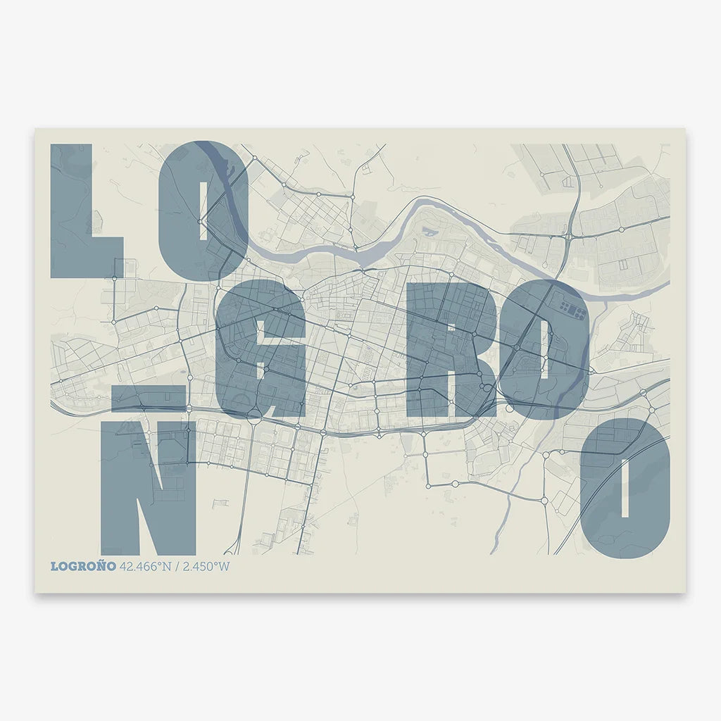 Decorative print of Logroño with letters of its name placed randomly, designed in bluish gray and an off-white background