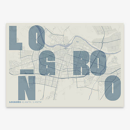 Decorative print of Logroño with letters of its name placed randomly, designed in bluish gray and an off-white background