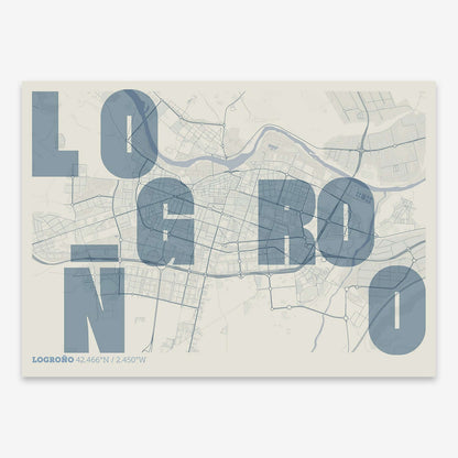 The map of Logrono with letters of its name placed randomly, designed in bluish gray and an off-white background