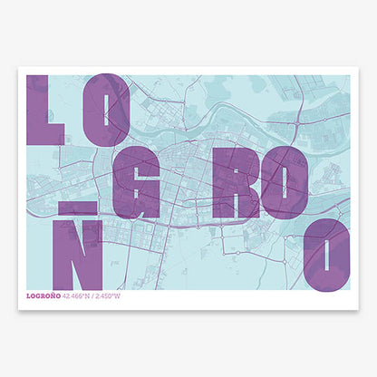 Decorative print of Logroño with letters of its name placed randomly, designed in purple and light blue