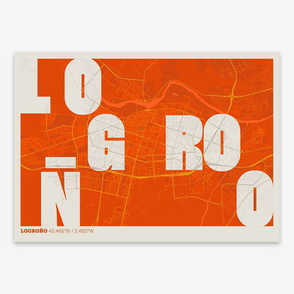 The map of Logrono with letters of its name placed randomly, designed in orange and an off-white background