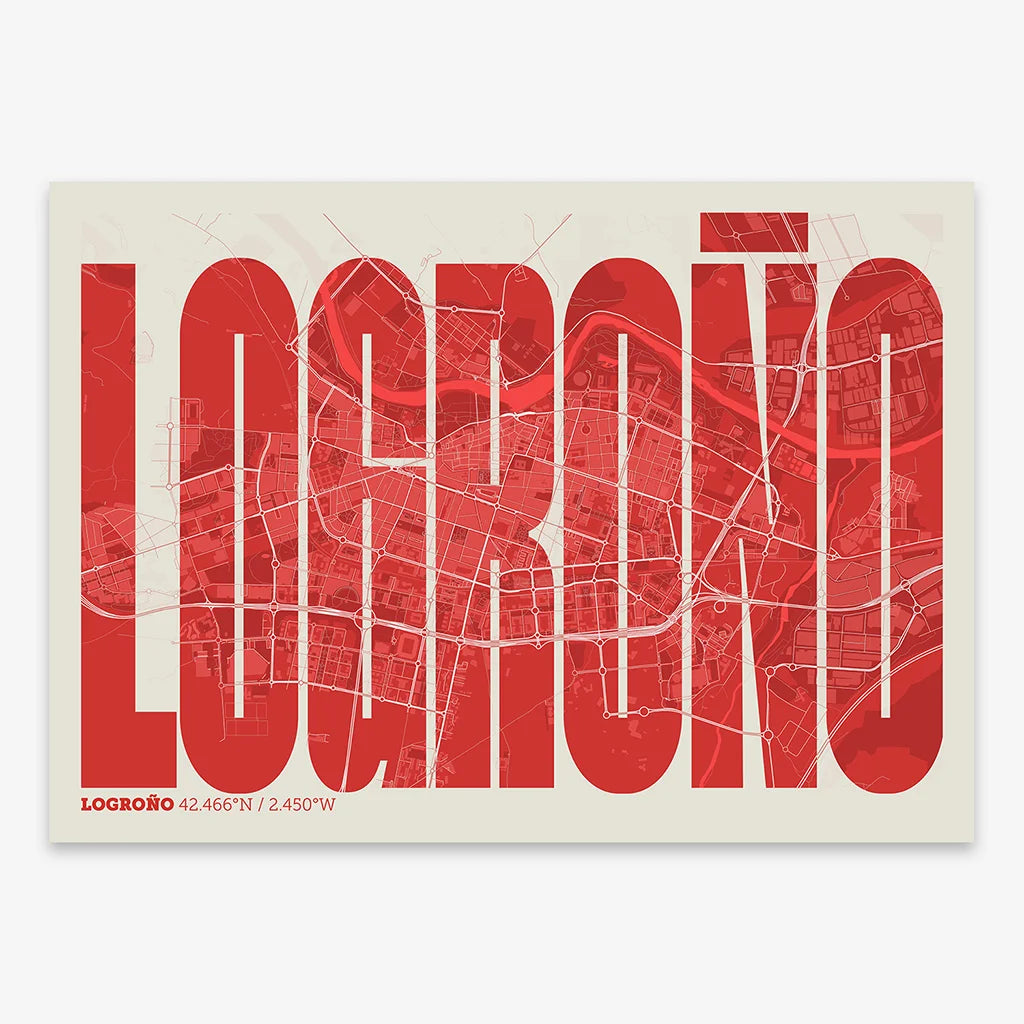 Decorative map of Logroño and letters of its name in a giclée print designed in red and an off-white background