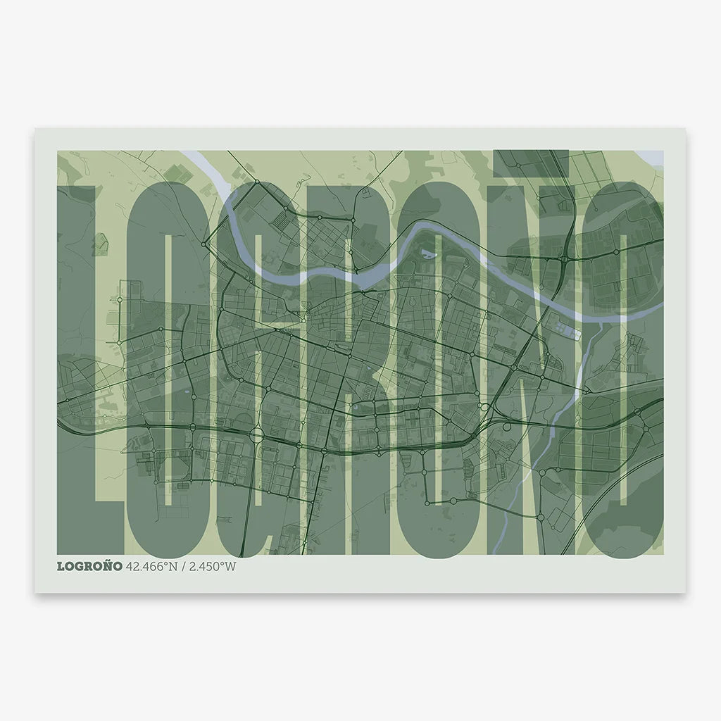 Decorative map of Logroño and letters of its name in a giclée print designed in two green tones