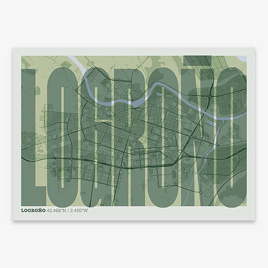 Decorative map of Logroño and letters of its name in a giclée print designed in two green tones
