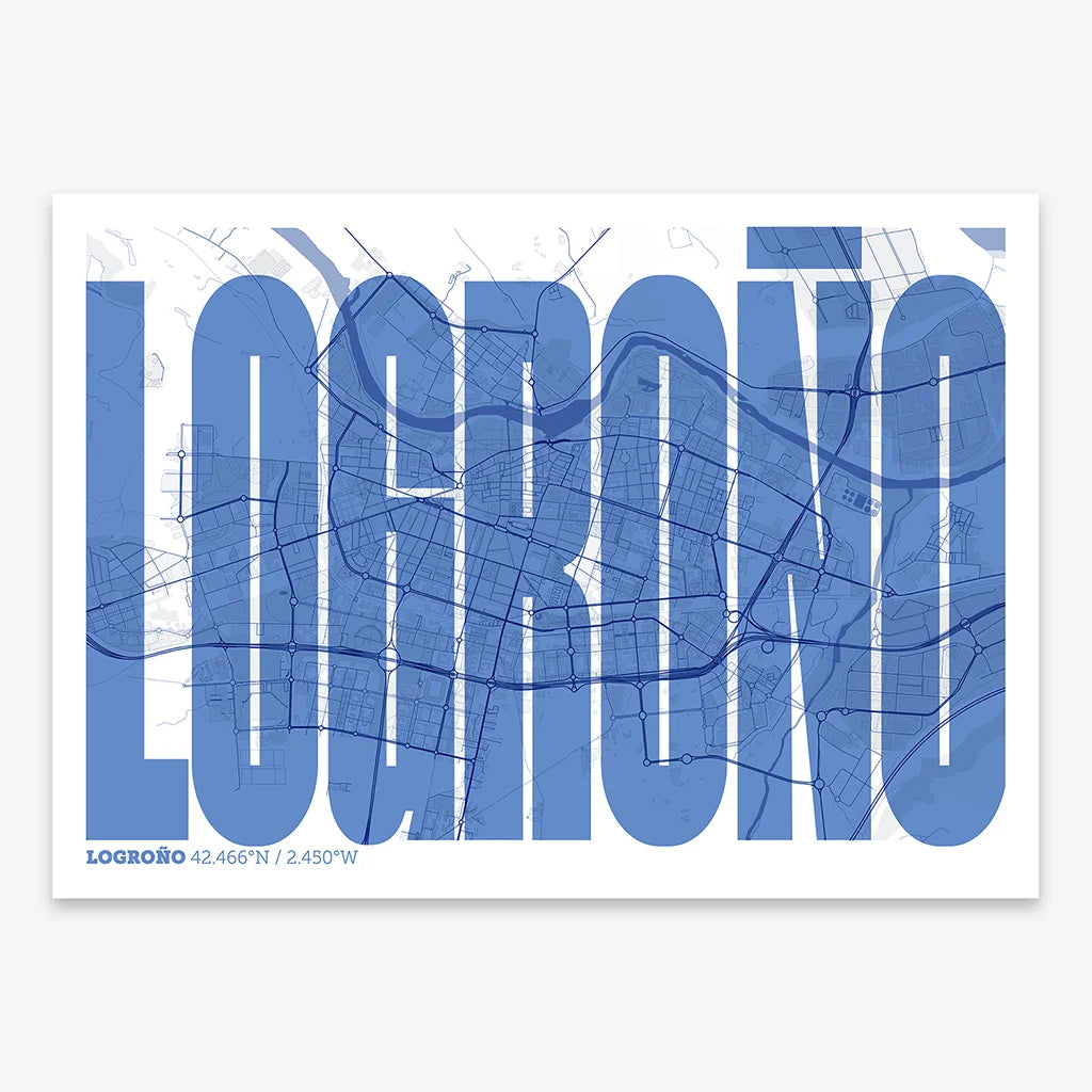 Decorative map of Logroño and letters of its name in a giclée print designed in navy blue and white