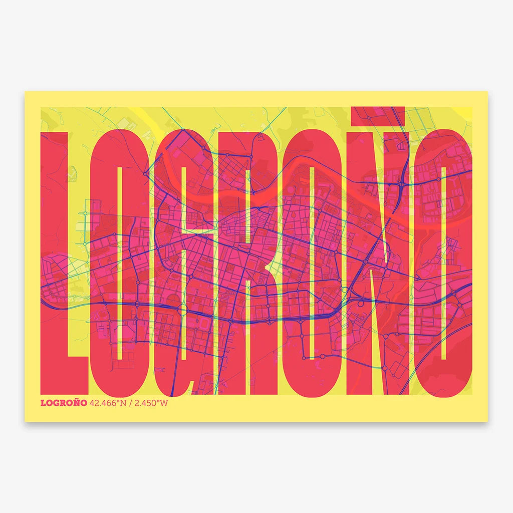 Decorative map of Logroño and letters of its name in a giclée print designed in yellow and fuchsia