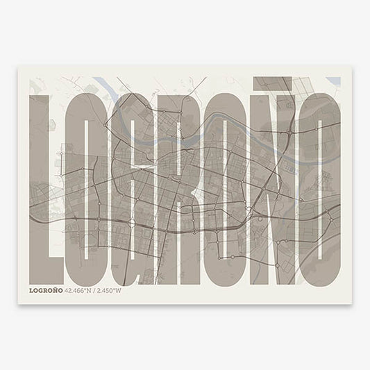 Decorative map of Logroño and letters of its name in a giclée print designed in light brown and an off-white background