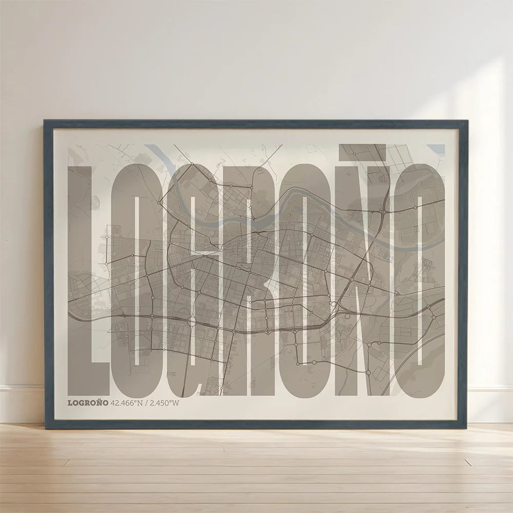 Framed Logroño in Extra Compressed design, where the letters are tightly squeezed to fit the city's map shape designed in light brown and an off-white background with no border edge-to-edge print leaning against a wall