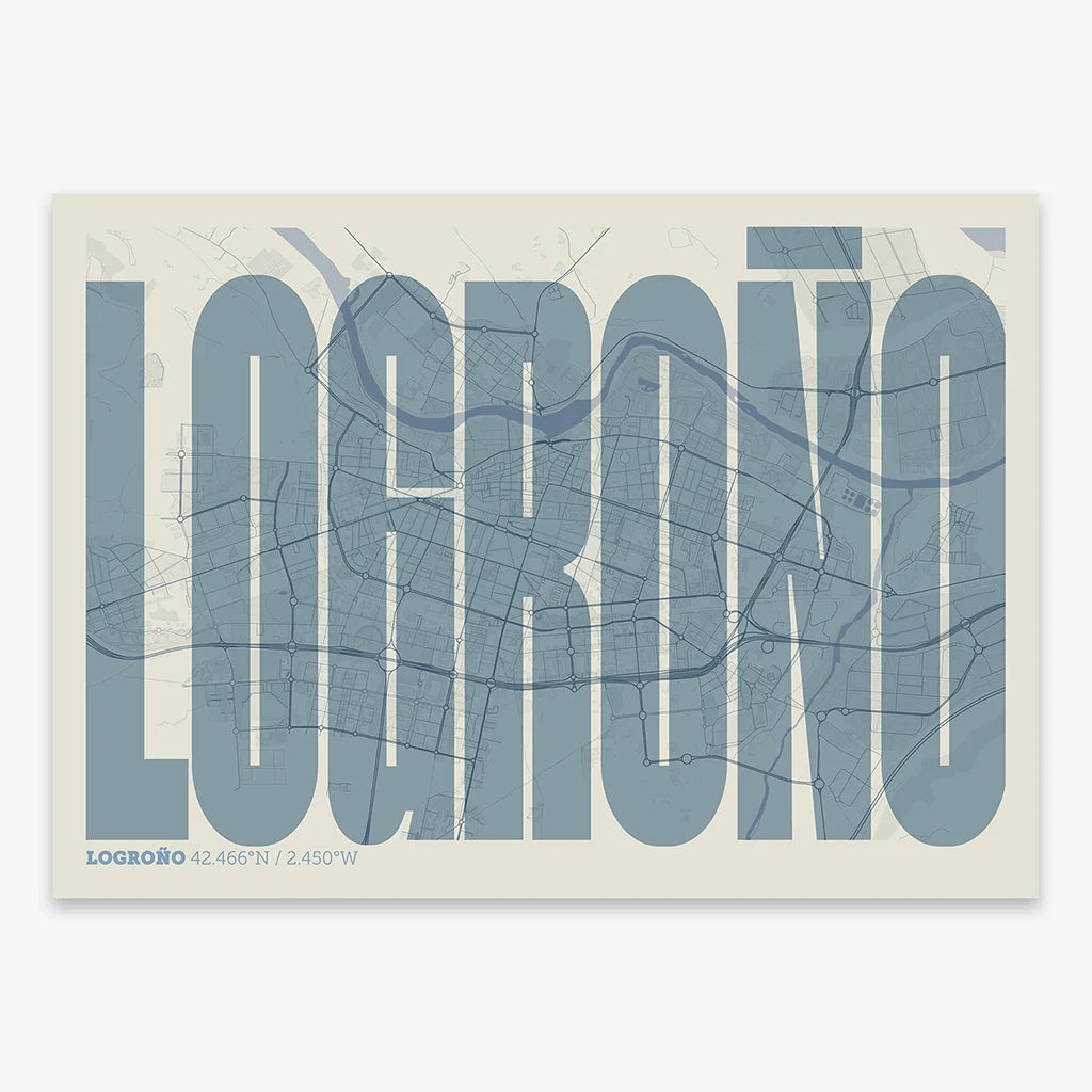 Decorative map of Logroño and letters of its name in a giclée print designed in bluish gray and an off-white background