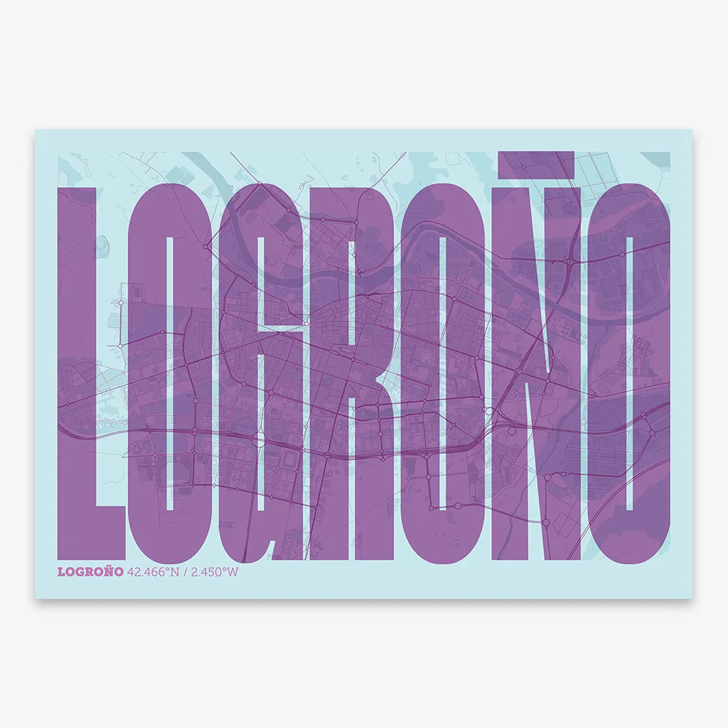 Decorative map of Logroño and letters of its name in a giclée print designed in purple and light blue