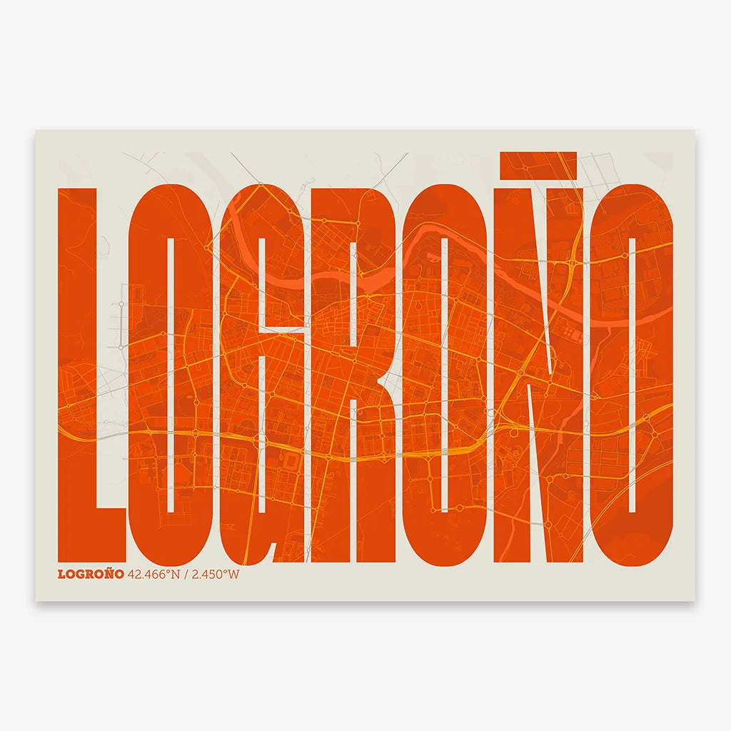 Decorative map of Logroño and letters of its name in a giclée print designed in orange and an off-white background