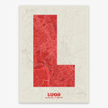 Decorative print of Lugo composed with letters in a heavy geometric font printed on red and an off-white background