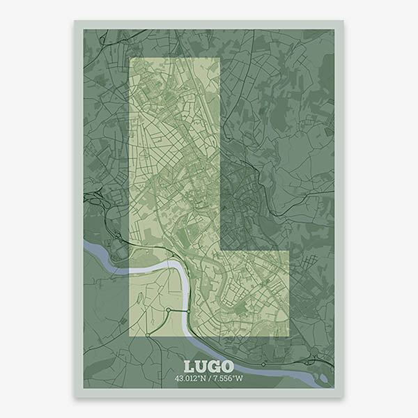 Decorative print of Lugo composed with letters in a heavy geometric font printed on two green tones