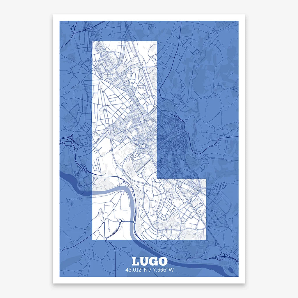 Decorative print of Lugo composed with letters in a heavy geometric font printed on navy blue and white
