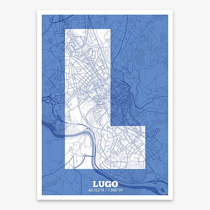 Decorative print of Lugo composed with letters in a heavy geometric font printed on navy blue and white