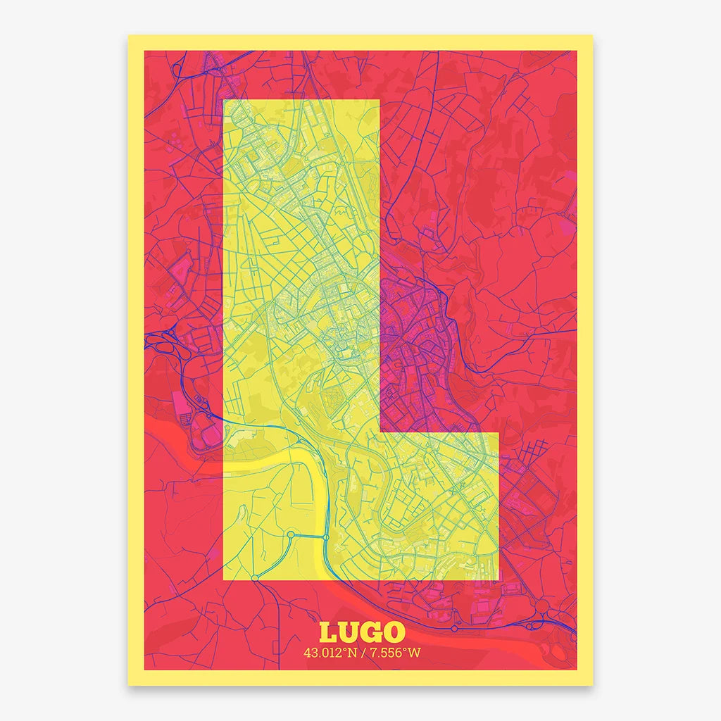 Decorative print of Lugo composed with letters in a heavy geometric font printed on yellow and fuchsia