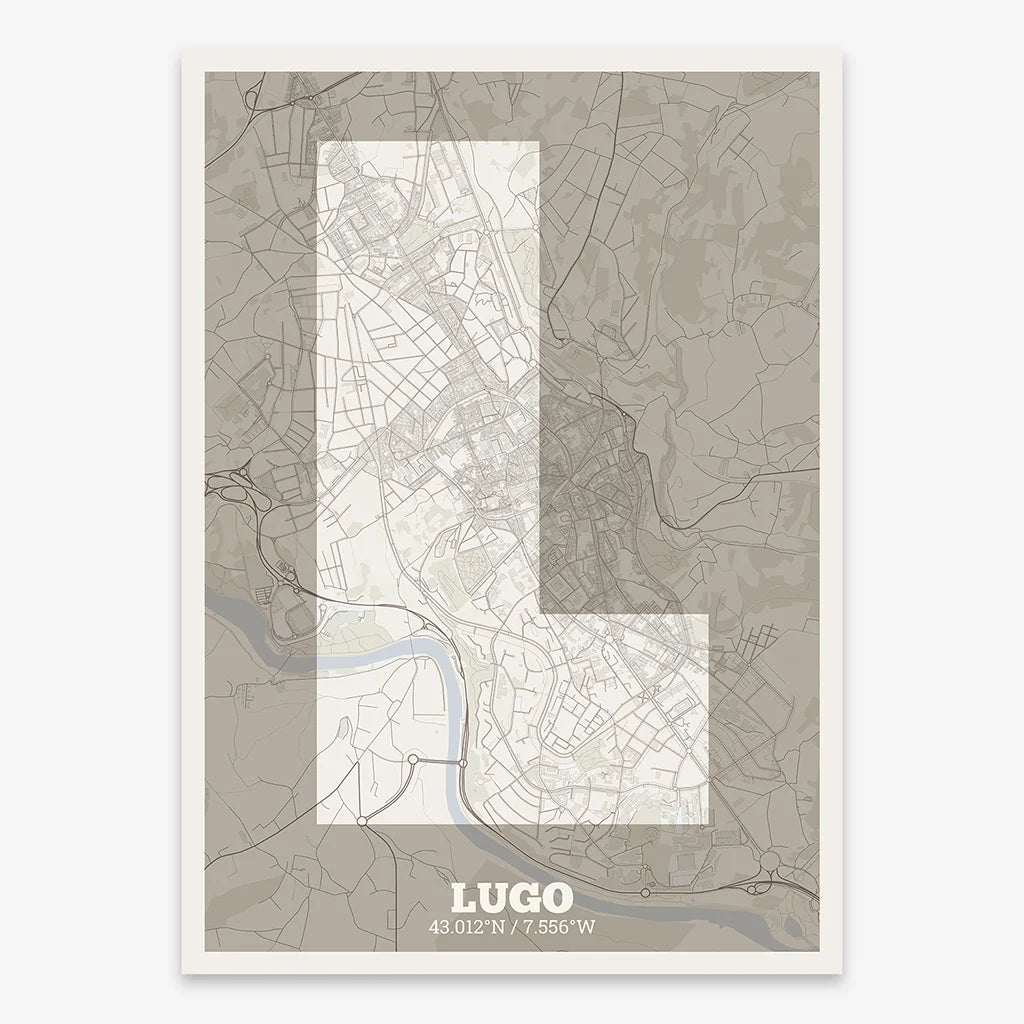 Decorative print of Lugo composed with letters in a heavy geometric font printed on light brown and an off-white background
