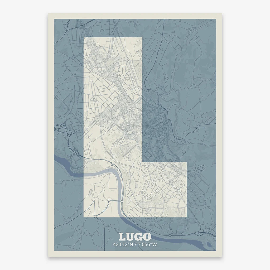 Decorative print of Lugo composed with letters in a heavy geometric font printed on bluish gray and an off-white background