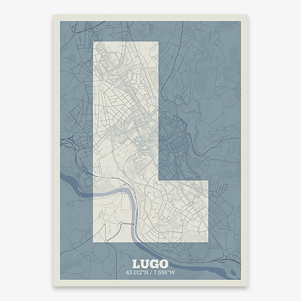 Decorative print of Lugo composed with letters in a heavy geometric font printed on bluish gray and an off-white background