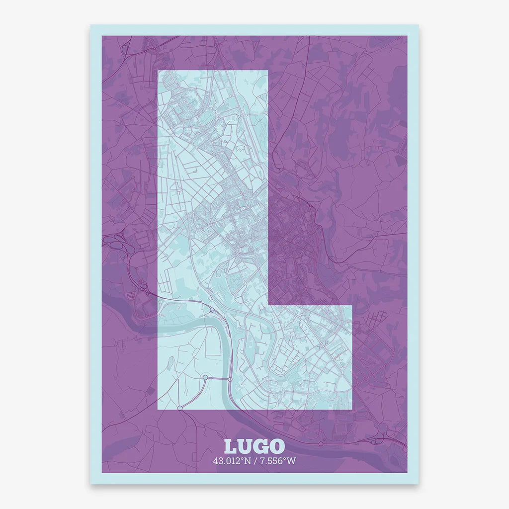 Decorative print of Lugo composed with letters in a heavy geometric font printed on purple and light blue