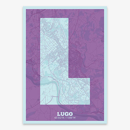 Decorative print of Lugo composed with letters in a heavy geometric font printed on purple and light blue