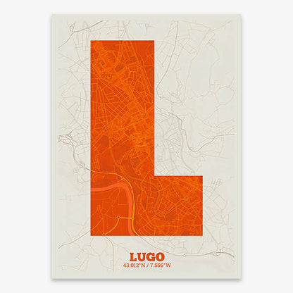 Decorative print of Lugo composed with letters in a heavy geometric font printed on orange and an off-white background