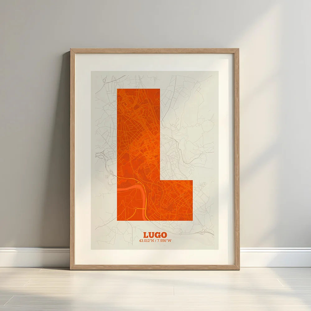 Framed Lugo in Super Bold design, a typographic poster where the city map is overlaid with extra-thick lettering for a modern, high-impact look designed in orange and an off-white background with a white margin border in a warm lit minimalist setting